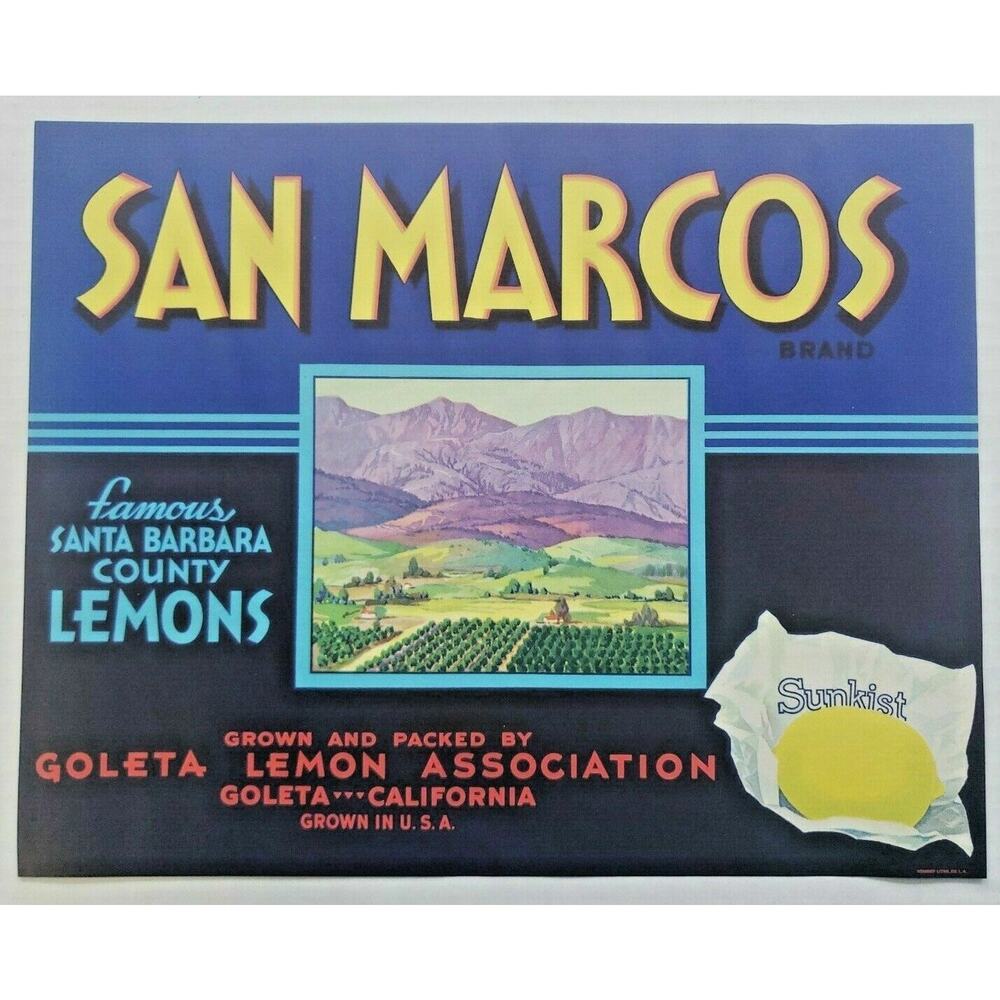 Vintage 1940's San Marcos Original Sunkist Lemon Crate‎ Label Goleta CA. USA